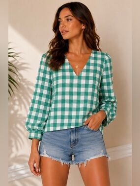 a new day Green and White Gingham V-Neck Blouse